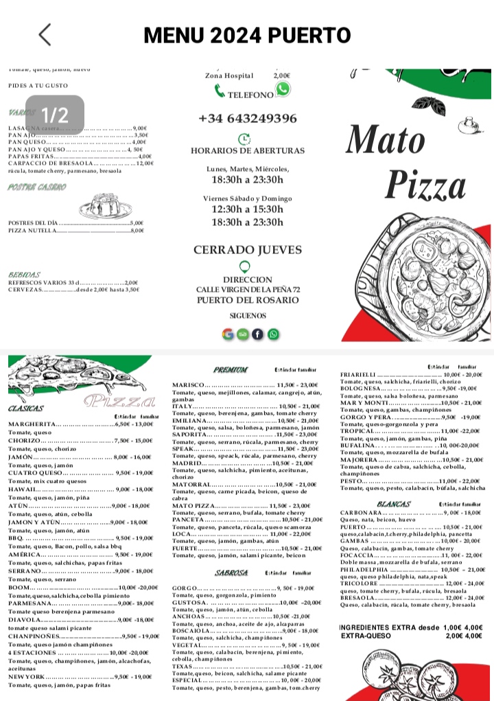 Mato pizza Puerto — Carta