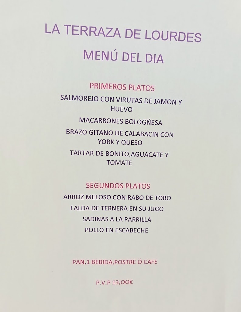 Restaurante La Terraza de Lourdes — Carta