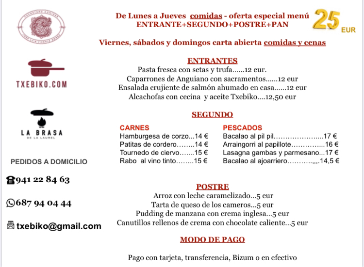 Restaurante Txebiko — Carta
