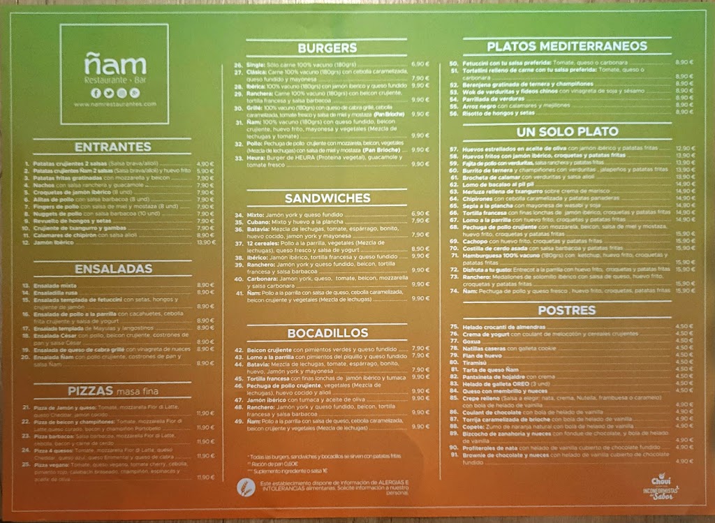 Nam Restaurantes - Sarasate — Carta