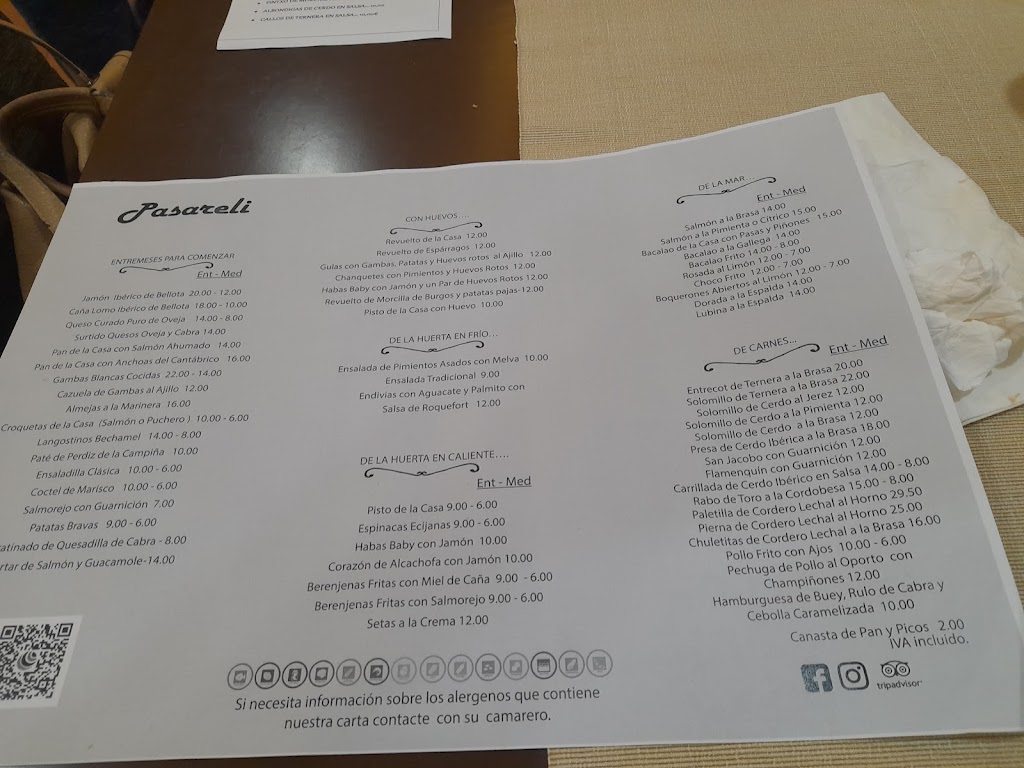 Restaurante Pasareli — Carta