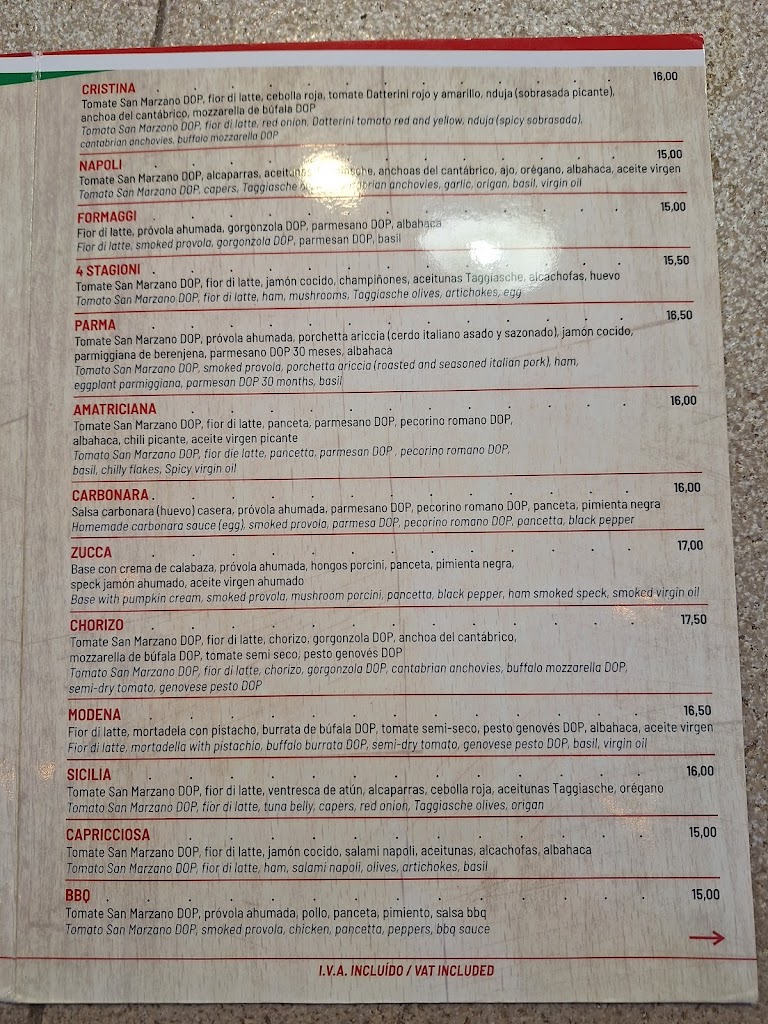 DA NAPOLI PIZZERIA — Carta