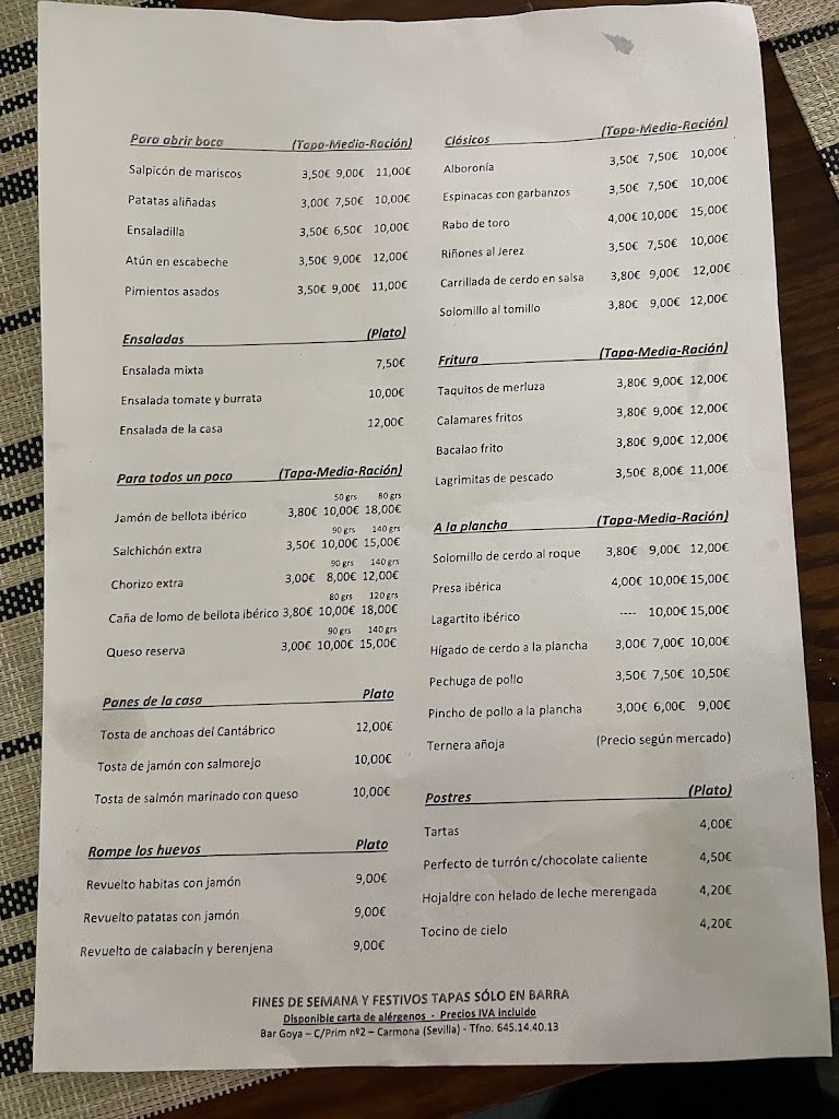 Bar Goya — Carta