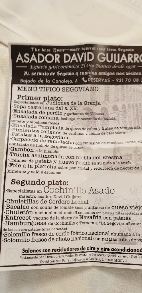 Asador David Guijarro — Carta