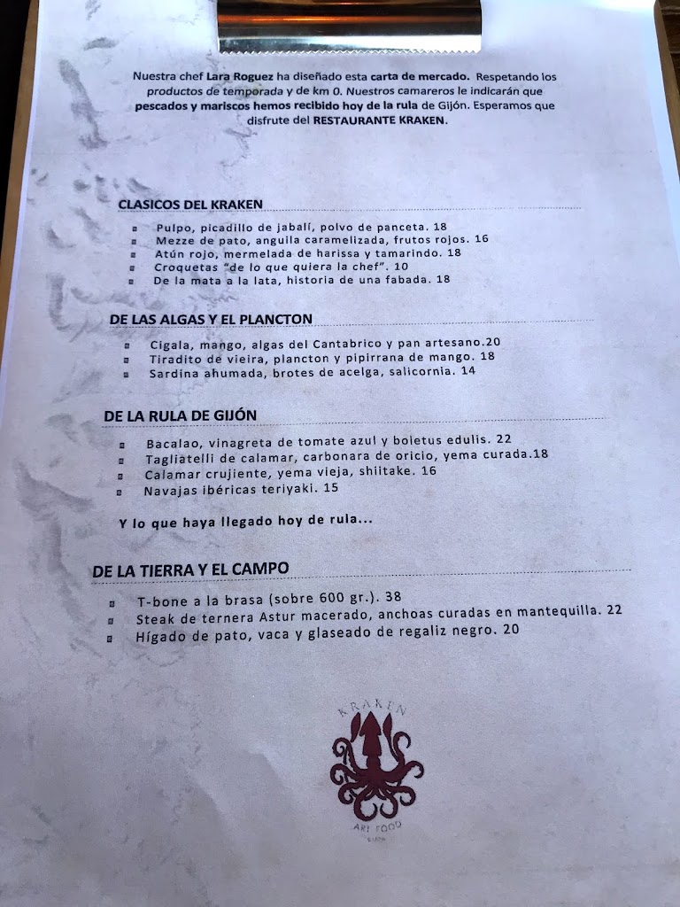 Restaurante Kraken — Carta