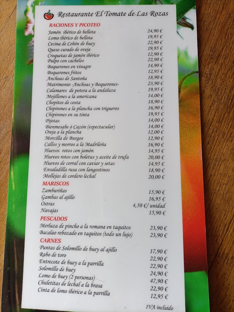 Restaurante El Tomate de las Rozas — Carta