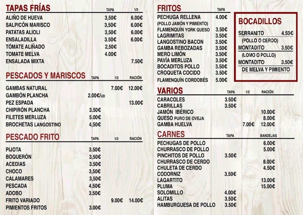 Chiringuito El Canal — Carta