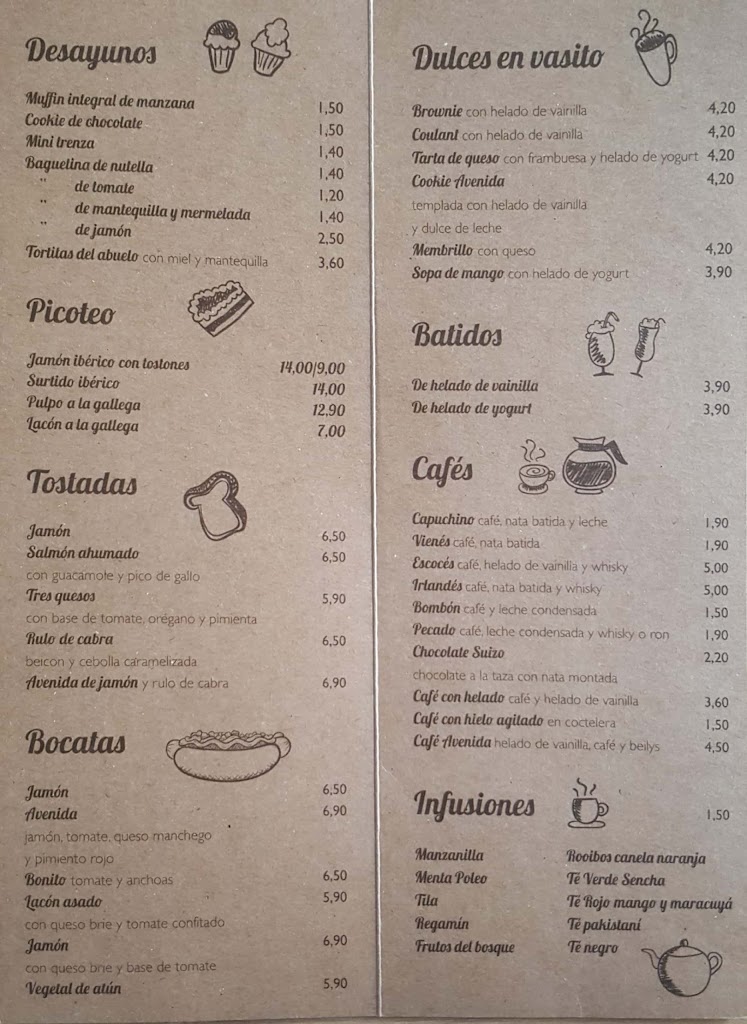 Avenida 60 Cafe Bar — Carta