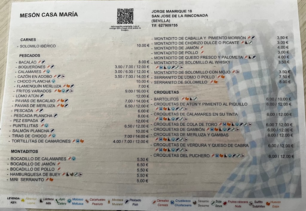 Bar Meson Casa Maria — Carta