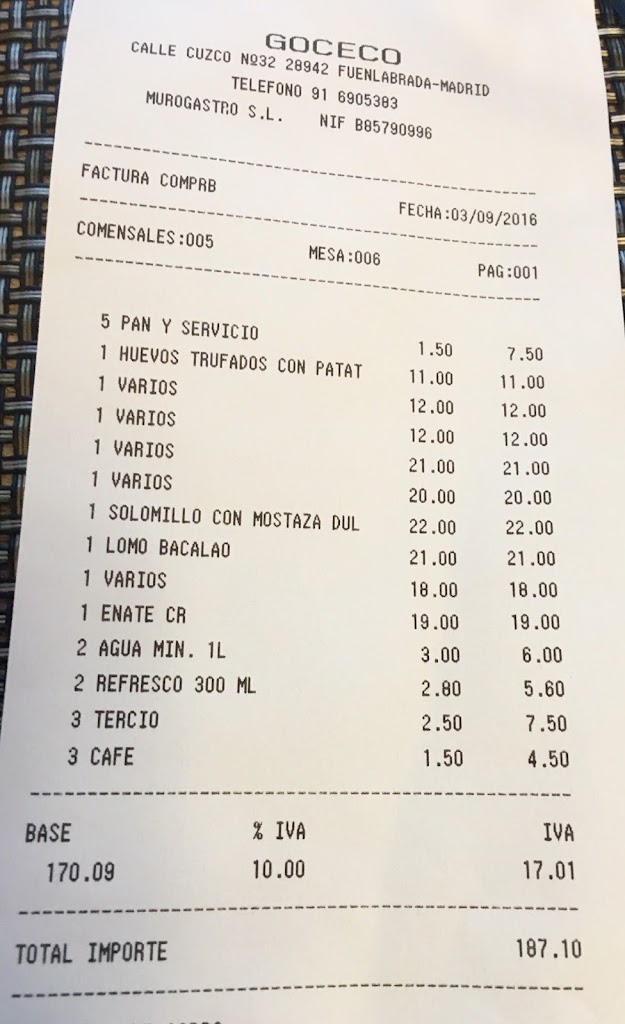 Restaurante Goceco — Carta