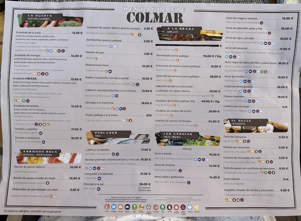 RESTAURANTE COLMAR — Carta
