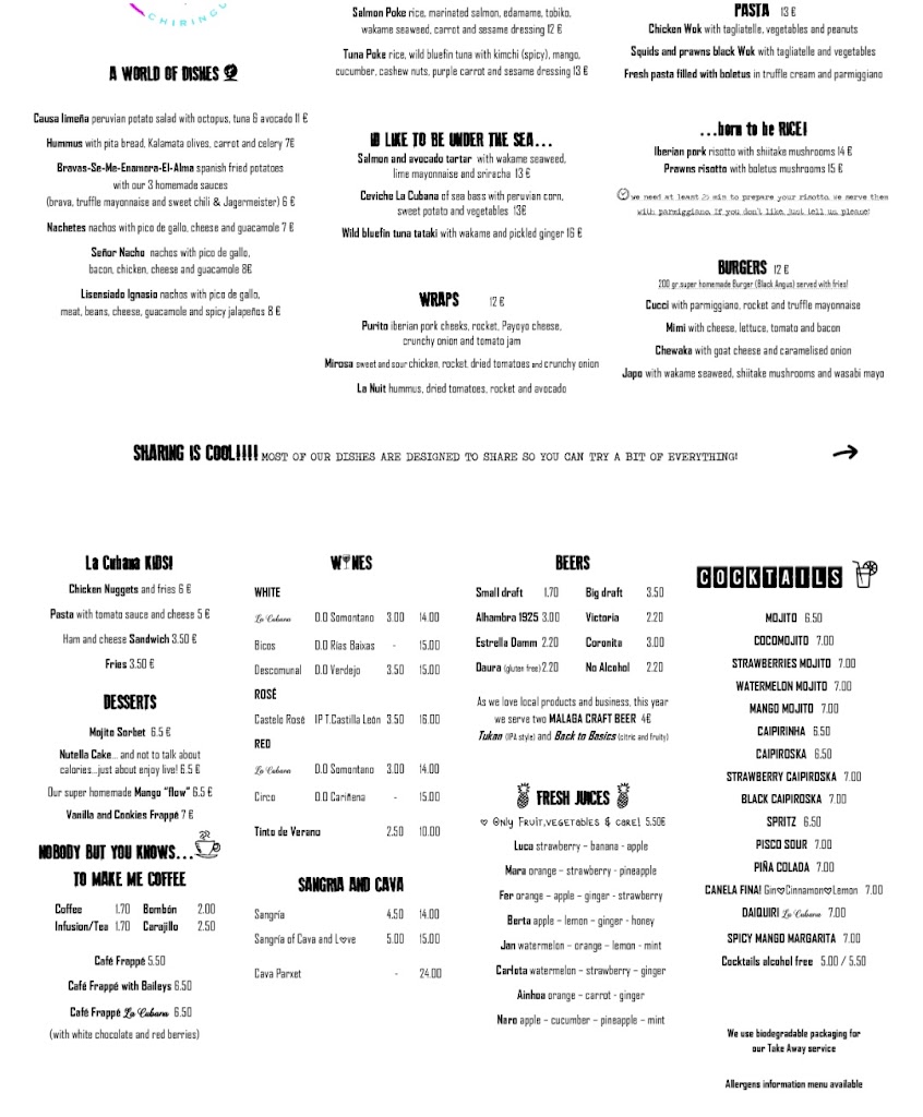 Chiringuito La Cubana — Carta