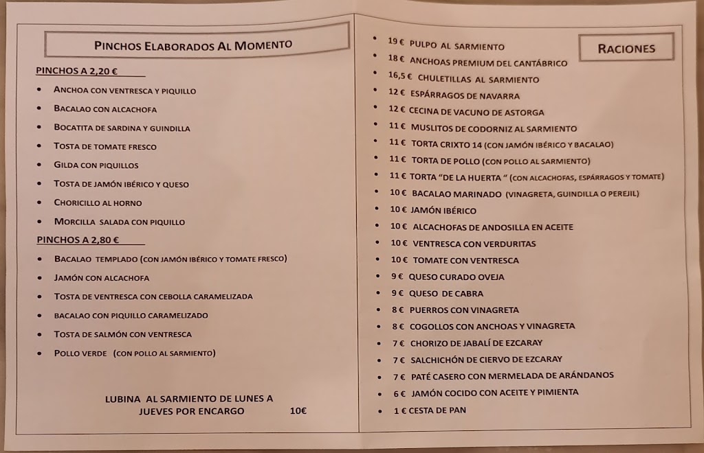 Enoteca Crixto14 — Carta