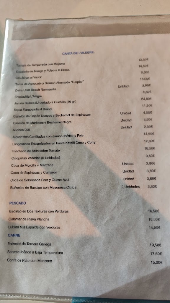 Restaurant L'Alegre — Carta