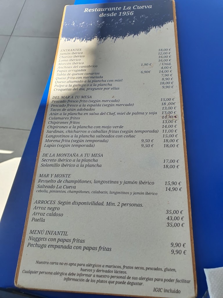 Restaurante La Cueva — Carta