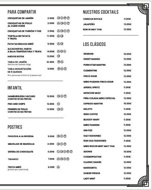 Miro Restaurant — Carta