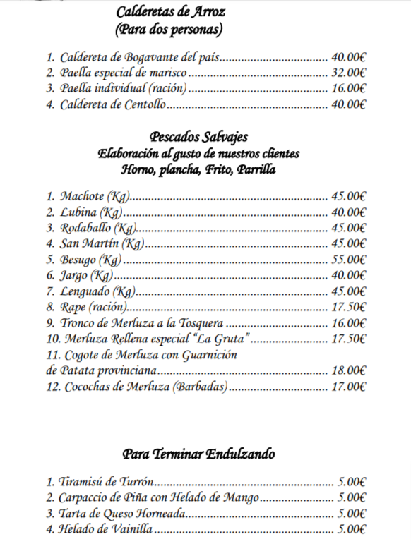 Restaurante La Gruta de Jose — Carta