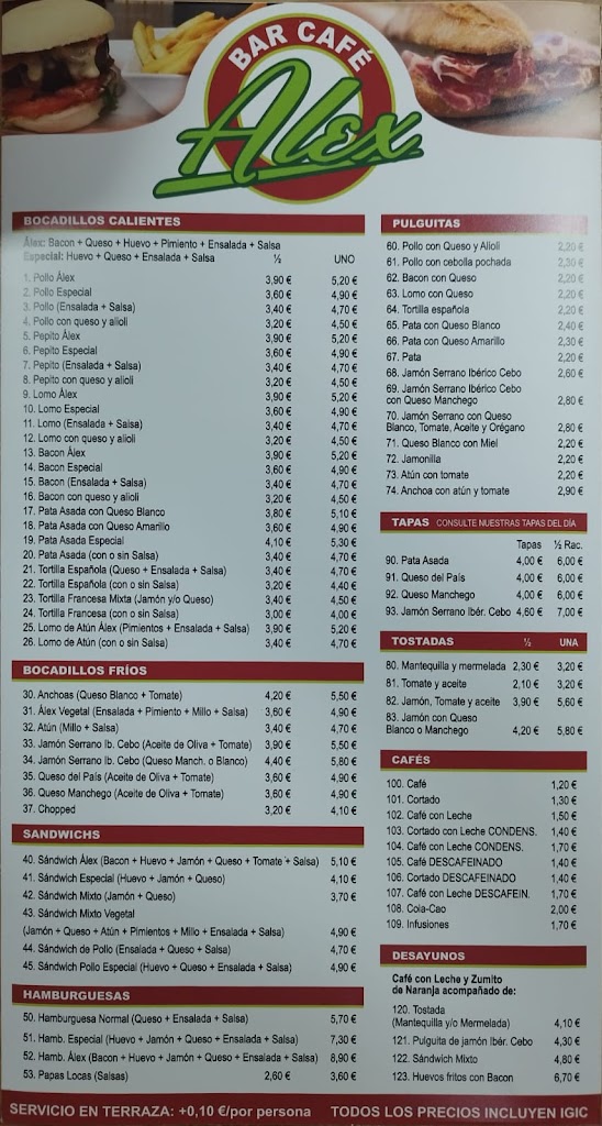 Bar Cafe Alex — Carta
