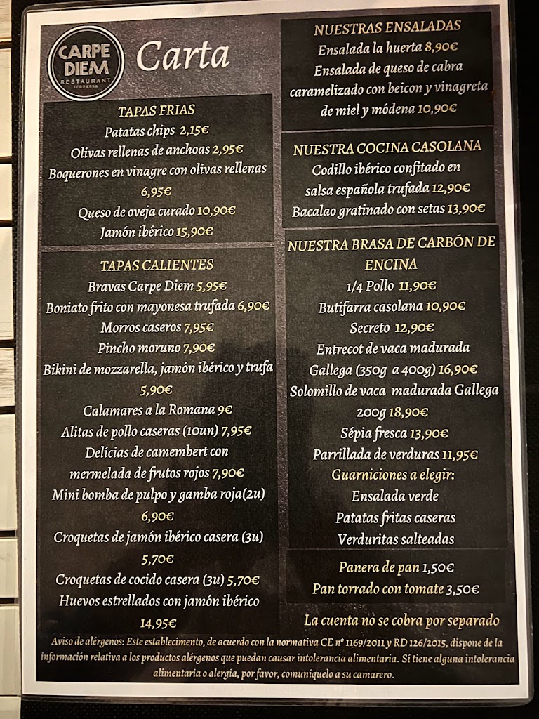 Restaurante Braseria Carpe Diem — Carta