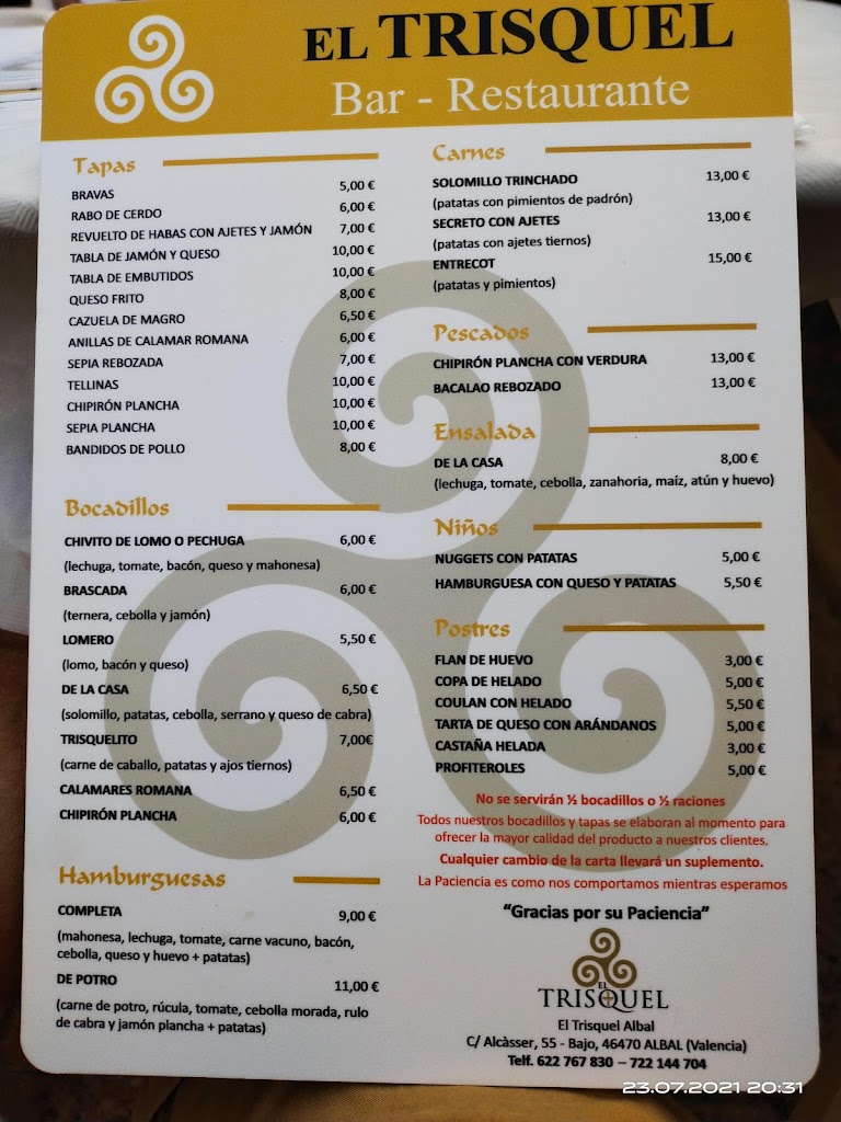 Cafe Bar El Trisquel — Carta
