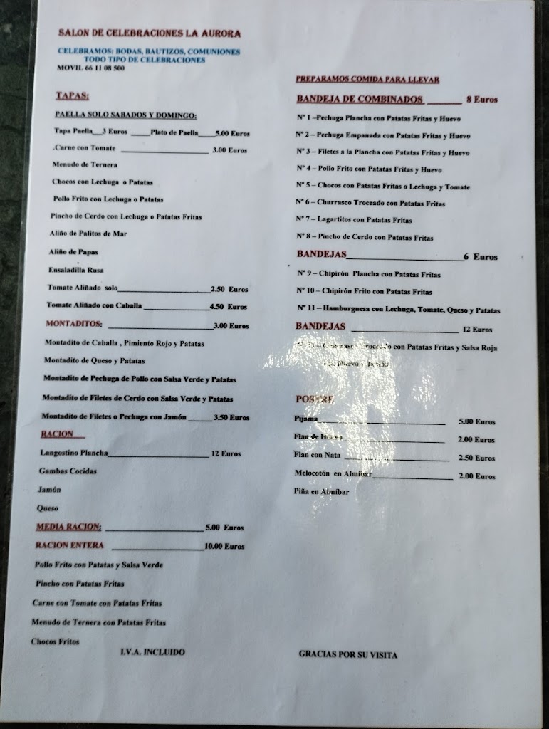 Salon la Aurora — Carta