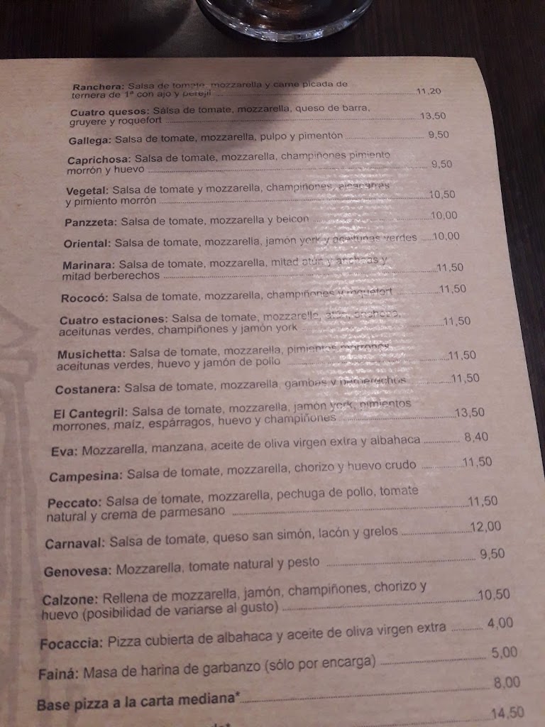 Pizzeria El Cantegril — Carta