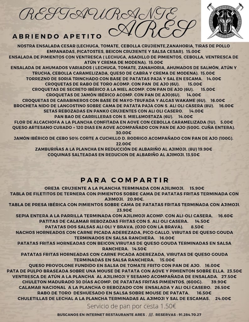Restaurante Ares — Carta