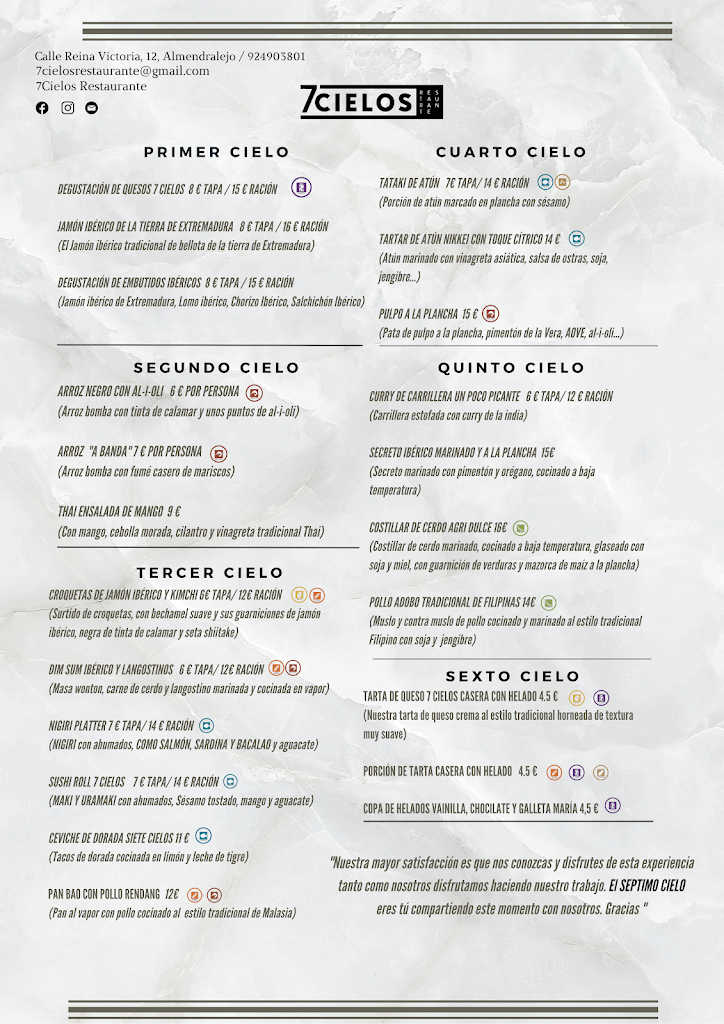 7 Cielos Restaurante — Carta