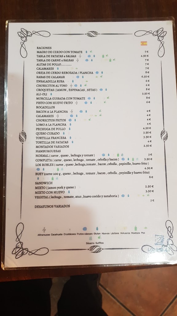Bar Cafeteria "Los Robles" — Carta