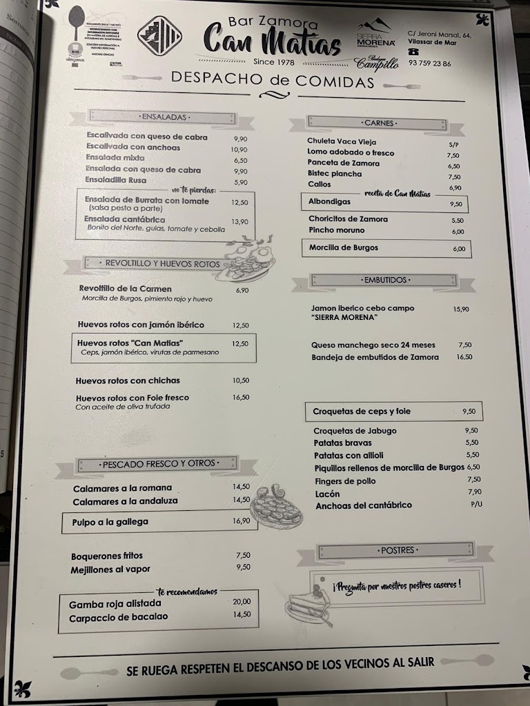 Can Matias Bar Zamora — Carta