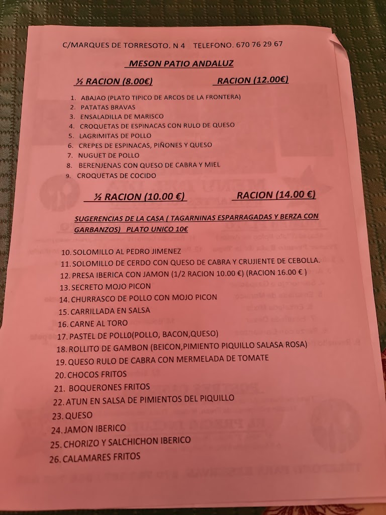 Meson Patio Andaluz — Carta