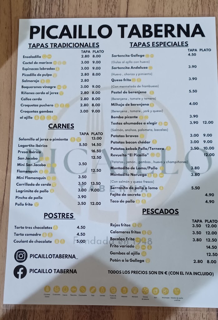 Taberna Picaillo — Carta