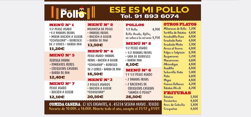 El Pollo de Oro es ahora ESE ES MI POLLO — Carta