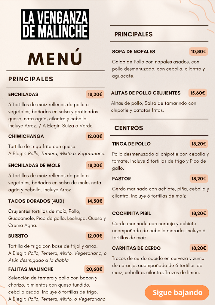 La Venganza De Malinche | Restaurante Mexicano | Getafe — Carta