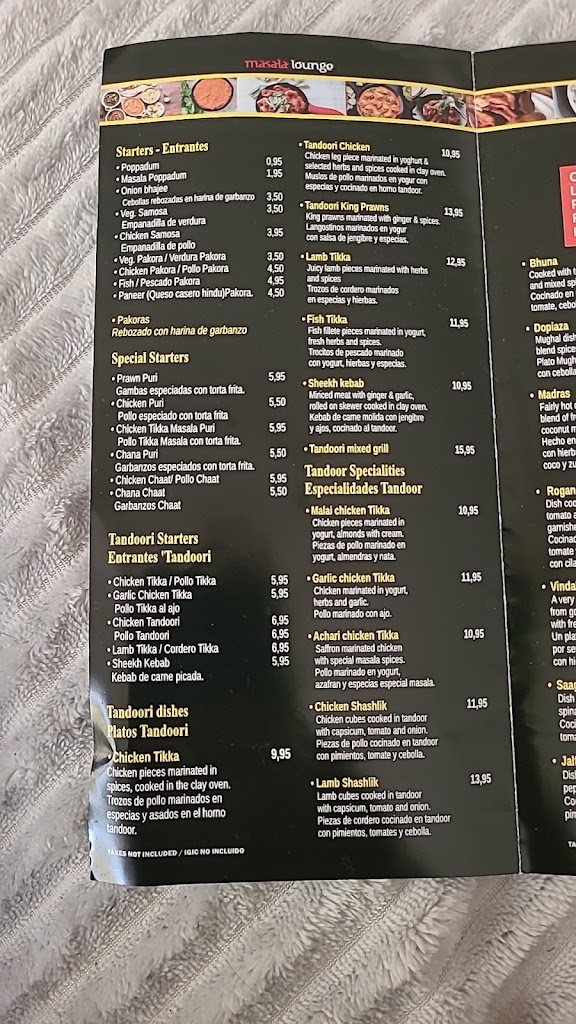 Masala Lounge Indian Restaurant & Bar — Carta