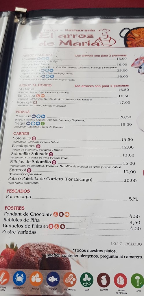 Restaurante El Arroz de Maria — Carta