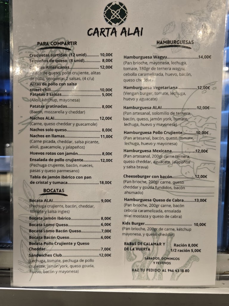 Cafeteria bar Alai — Carta