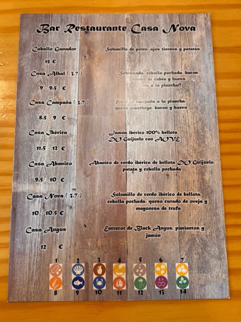 Bar Restaurante Casa Nova — Carta