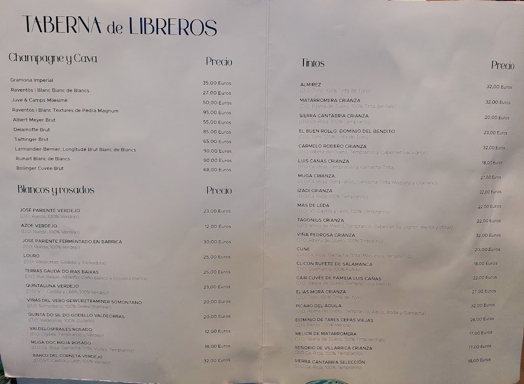 Taberna de Libreros - Restaurante en Salamanca centro — Carta