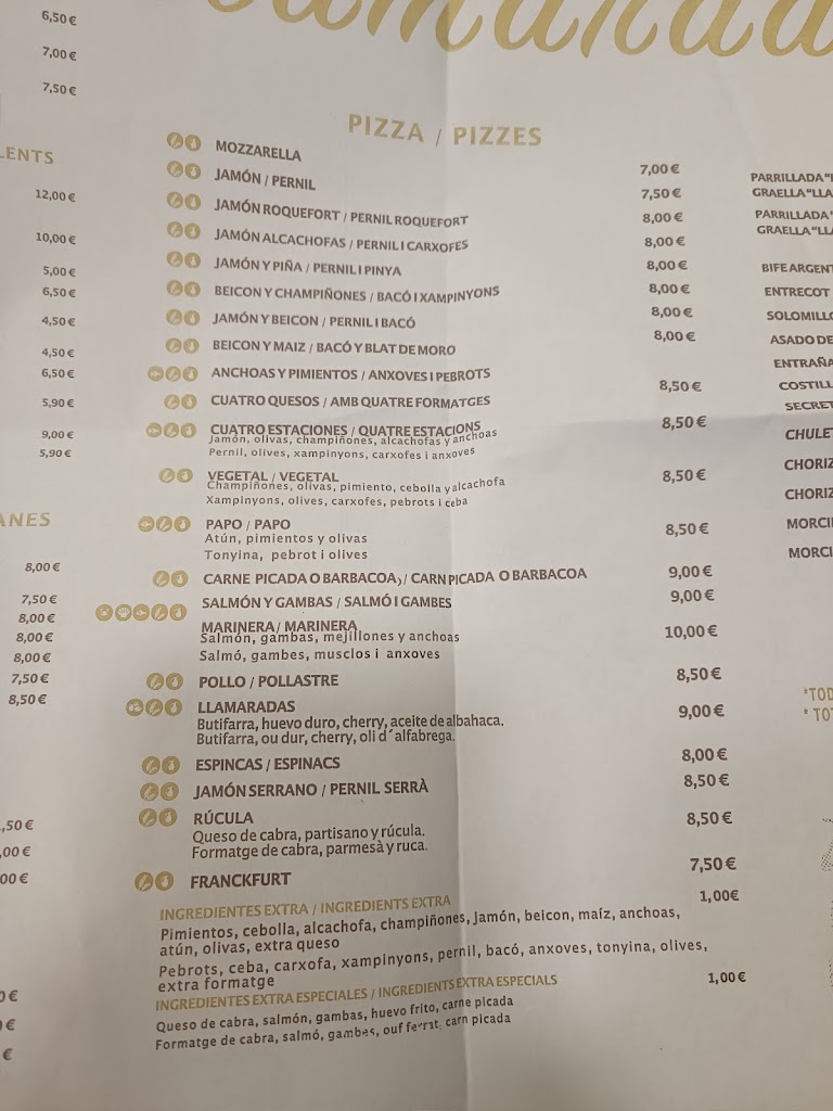 Restaurante Pizzeria Llamarada — Carta