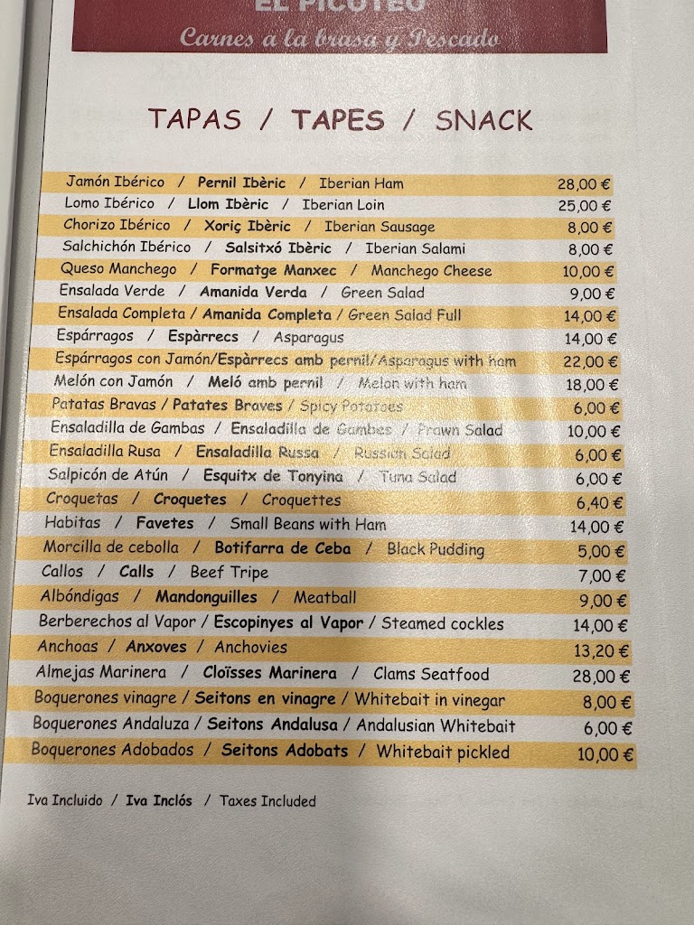 Restaurante El Picoteo de Can Domingo II — Carta