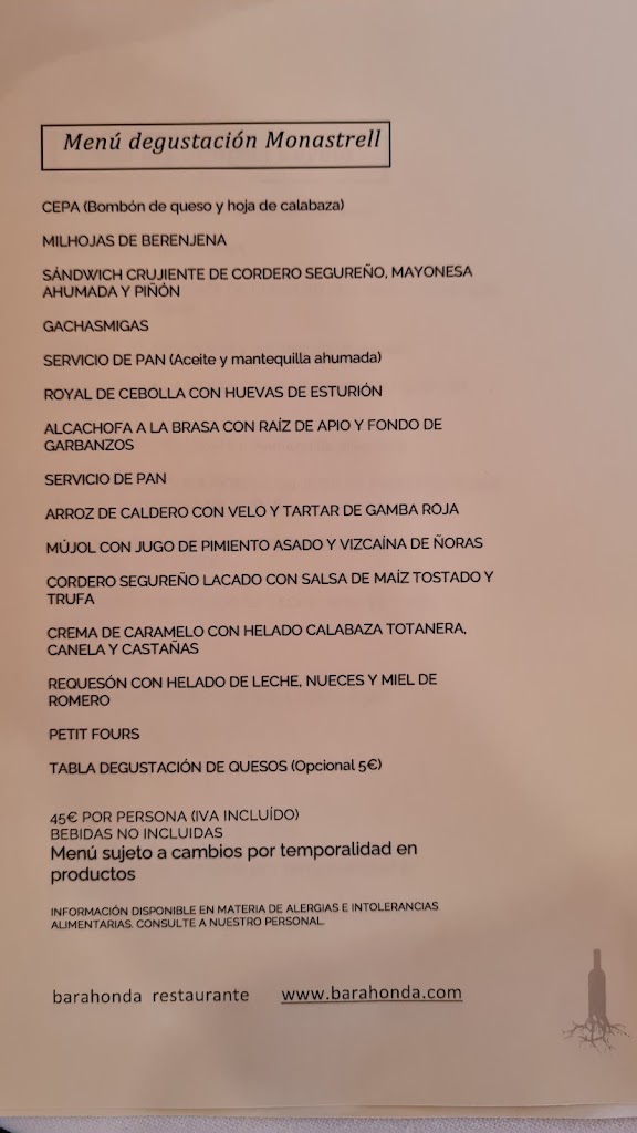 Restaurante Barahonda — Carta