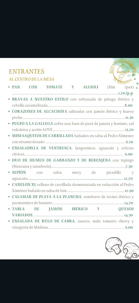 Restaurante Gastrobar El Manantial — Carta