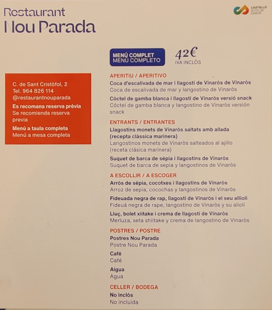 Restaurante Nou Parada — Carta