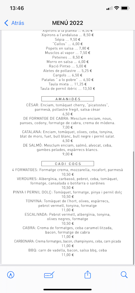 Bar Cadi — Carta