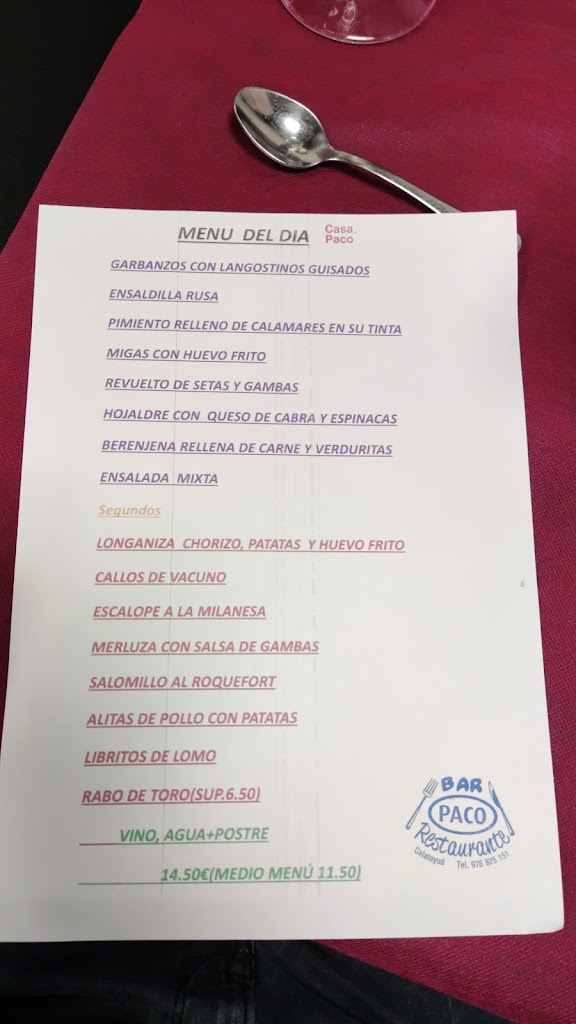 Bar Restaurante Paco — Carta