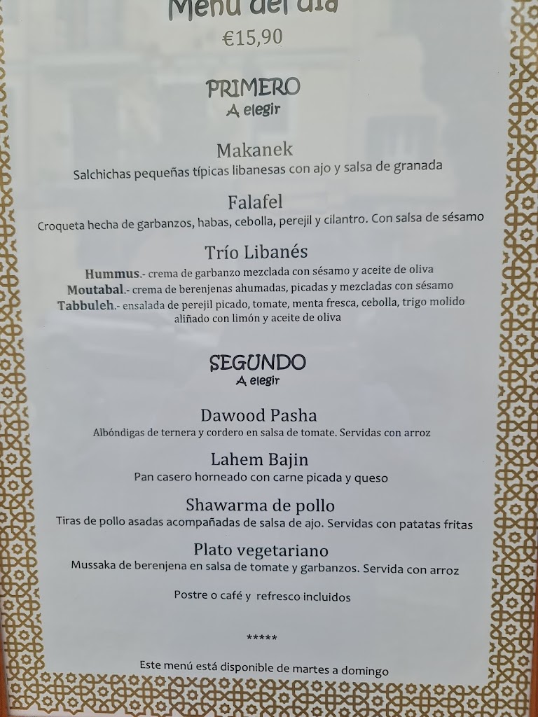 Restaurante Libanes Rotana — Carta