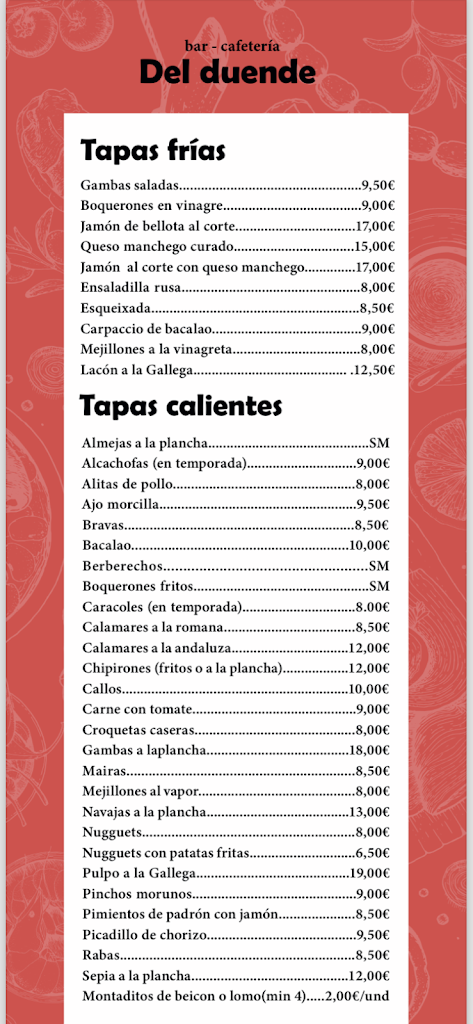 BAR CAFETERIA DEL DUENDE — Carta