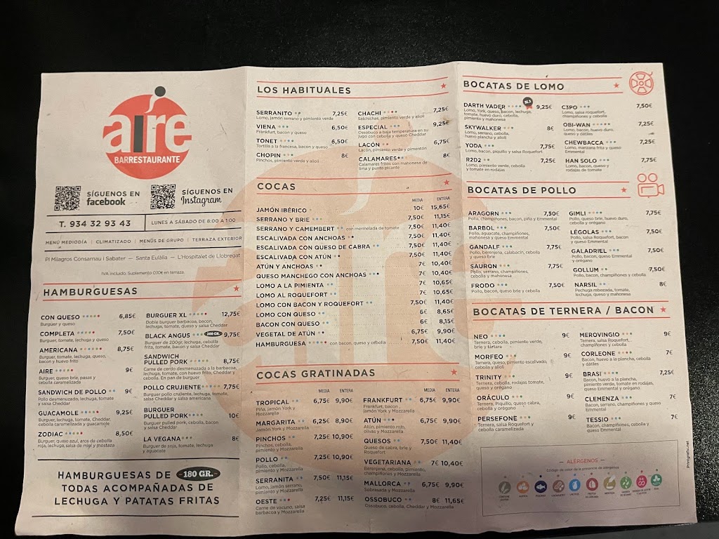 AIRE Bar restaurante — Carta