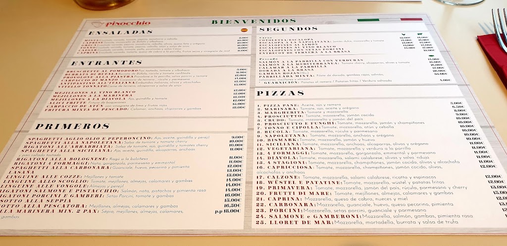 Pinocchio Ristorante Pizzeria — Carta